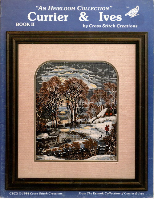 Cross Stitch Creations Currier and Ives Book II An Heirloom Collection counted Cross Stitch Pattern booklet. From the Esmark Collection of Currier and Ives. The Mill Dam at Sleepy Hollow, Winter Moonlight