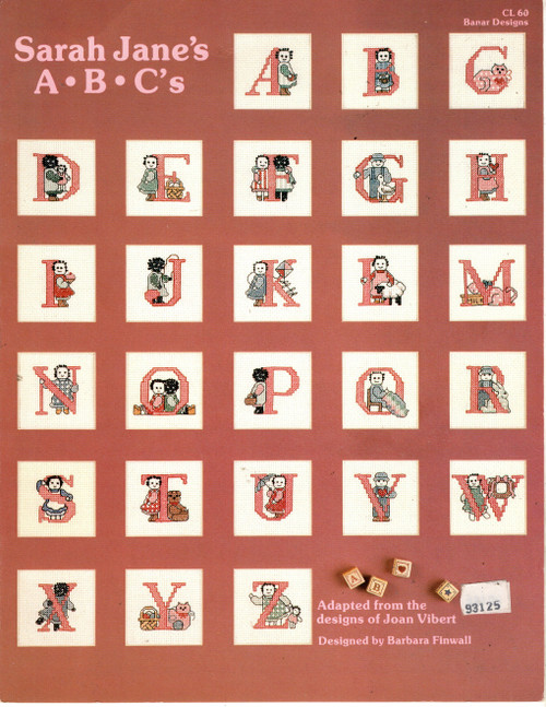Banar Sarah Jane's ABC's Counted Cross Stitch Pattern leaflet. Barbara Finwall. Adapted from the designs of Joan Vibert. 26 Alphabet letters. Back page has ideas for finishing