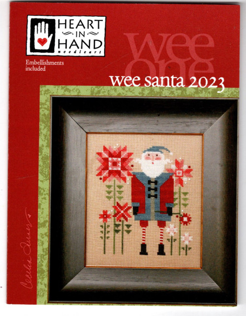 Heart in Hand Wee One Wee Santa 2023 counted cross stitch pattern leaflet with embellishment pack