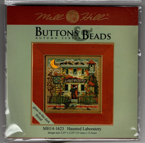 Mill Hill Haunted Laboratory Autumn Series Buttons and Beads Counted Cross Stitch Kit. This kit is from the 2016 series. The kit contains Beads, ceramic button,perforated paper, needles, glow in the dark thread, floss, chart and instructions