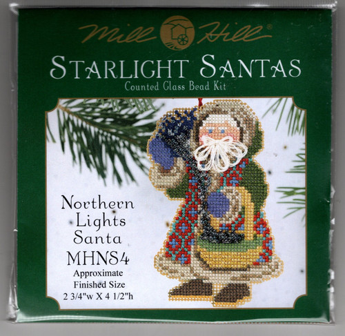Mill Hill Northern Lights Santa Starlight Santas Kit Counted Cross Stitch Kit. This kit is from the 2000 series. The kit contains Beads, perforated paper, floss, needles, chart and instructions