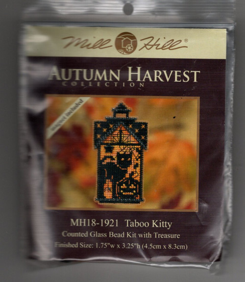 Mill Hill Taboo Kitty Autumn Harvest Magnet. This kit is from the 2019 series. The kit contains Beads, treasure(s), 14ct perforated paper, magnet, floss, needles, chart