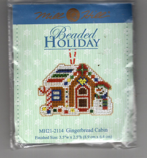 Mill Hill Gingerbread Cabin Beaded Holiday Counted Cross Stitch Kit. This kit is from the 2021 series. The kit contains Beads, 14ct perforated paper, needles, floss, chart