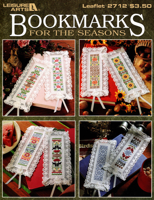 Leisure Arts Bookmarks for the Seasons counted Cross Stitch Pattern leaflet. Deborah Lambein. Snowflakes, Let It Snow Cardinals, Bunny Rabbits, Baskets of Flowers and Birds, Watermelon, Sunflowers, Lazy Days, Fall Into a Good Book