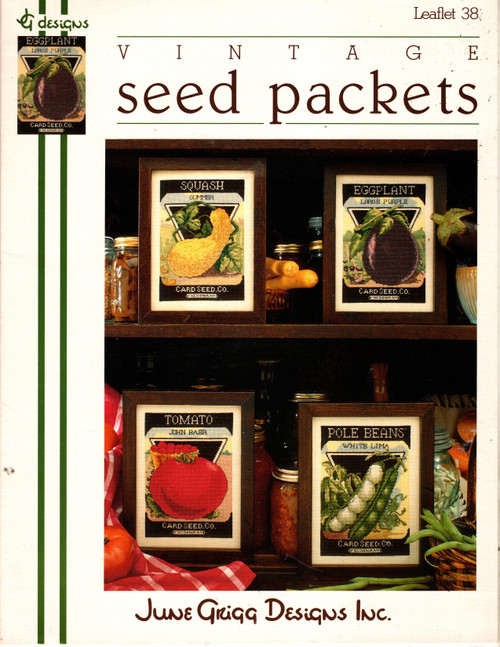 June Grigg Designs Vintage Seed Packets Volume I counted Cross Stitch Pattern leaflet. Squash, Tomato, Eggplant, Pole Beans