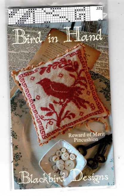 Blackbird Designs Bird in Hand Reward of Merit Pincushion counted Cross Stitch Pattern chart. Barb Adams