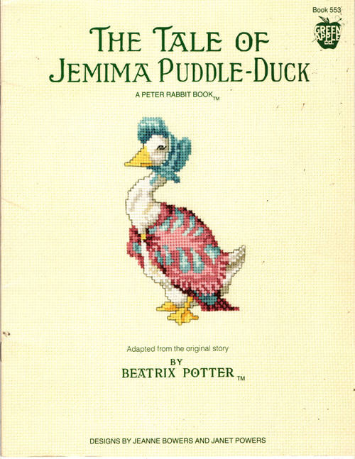 Green Apple The Tale of Jemima Puddle-Duck by Beatrix Potter counted cross stitch booklet. Adapted by Jeanne Bowers and Janet Powers. She Tried to Hide her Eggs, Jemima Puddle-duck, Flying, Gentleman reading a newspaper, Have you lost your way?,Looking curiously at Jemima, Showed Jemima In, A Nest in the Feathers, Rather Burdened with a Bag, Kep Let Her Out, Only Four Hatched