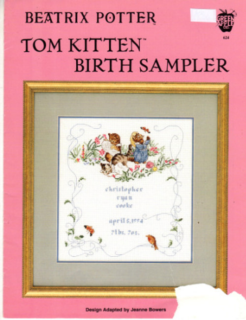Green Apple Beatrix Potter Tom Kitten Birth Sampler cross stitch leaflet