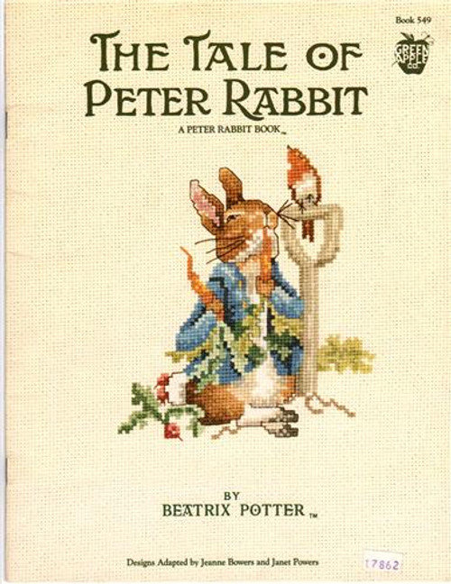 Green Apple The Tale of Peter Rabbit by Beatrix Potter cross stitch booklet. Adapted by Jeanne Bowers and Janet Powers. Don't Go into Mr McGregor's Garden, Now Run Along, Mrs. Rabbit, Peter Who Was Very Naughty, Peter Rabbit, Some Friendly Sparrows, Water Can, Upsetting Three Plants, Busy Cooking, It was Locked, Flopsy, Mopsy and Cotton-tail, Some Camomile Tea