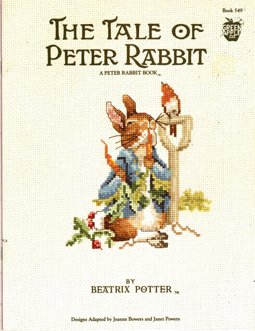 Green Apple The Tale of Peter Rabbit by Beatrix Potter counted cross stitch booklet. Adapted by Jeanne Bowers and Janet Powers. Don't Go into Mr McGregor's Garden, Now Run Along, Mrs. Rabbit, Peter Who Was Very Naughty, Peter Rabbit, Some Friendly Sparrows, Water Can, Upsetting Three Plants, Busy Cooking, It was Locked, Flopsy, Mopsy and Cotton-tail, Some Camomile Tea