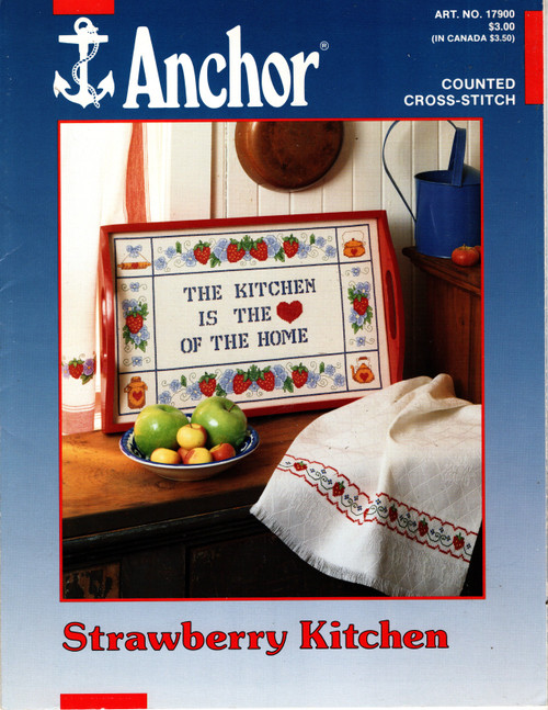Anchor Strawberry Kitchen counted cross stitch pattern leaflet. Tray or Picture, Curtains, Bun Warmer, Hand Towels