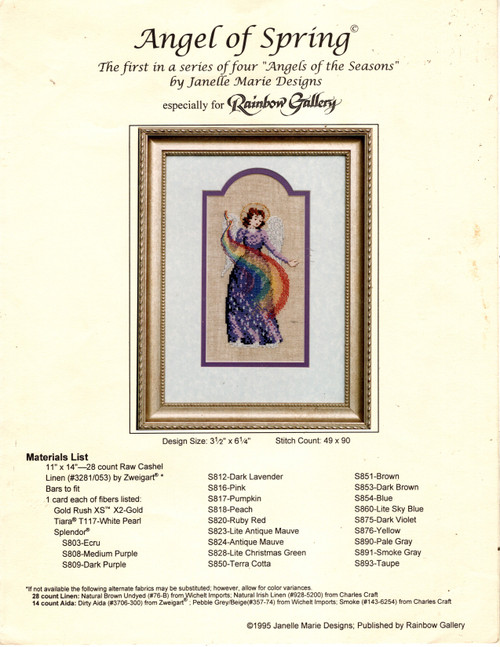 Rainbow Gallery Angel of Spring counted cross stitch leaflet. Janelle Marie Designs. First in a series of four Angels of the Seasons