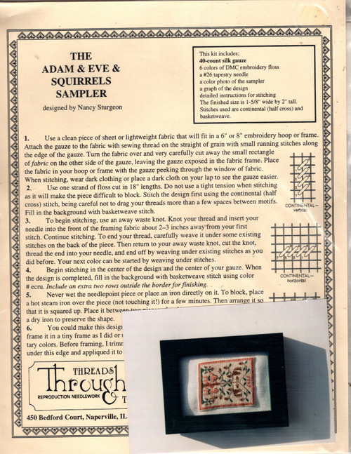 Threads Through Time The Adam and Eve and Squirrels Sampler kit for needlepoint. Nancy Sturgeon. Kit includes 40 count silk gauze, needle, DMC floss, color photo, graph and instructions