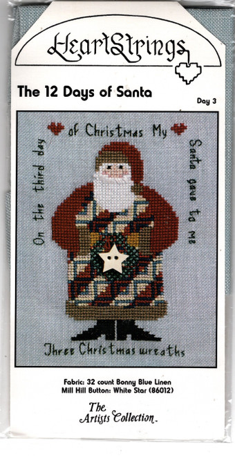 Artists Collection Heartstrings The 12 Days of Santa Day 3 Counted cross stitch pattern with fabric and button
