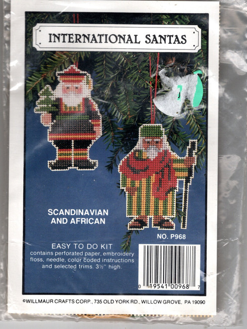 Willmaur HEIRLOOM SANTA International Santas Scandinavian and African counted cross stitch perforated paper kit. Kit include perforated paper, thread, charted design, accessories and instructions