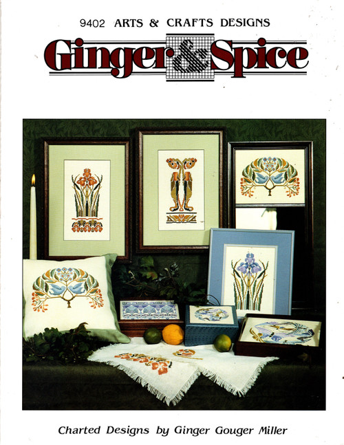 Ginger & Spice Arts and Crafts Counted Cross Stitch Pattern leaflet. Ginger Gouger Miller. Blue-Violet Egyptian Design, Butterflies, Blue Iris, Arts and Crafts Flowers, Birds in the Treetop