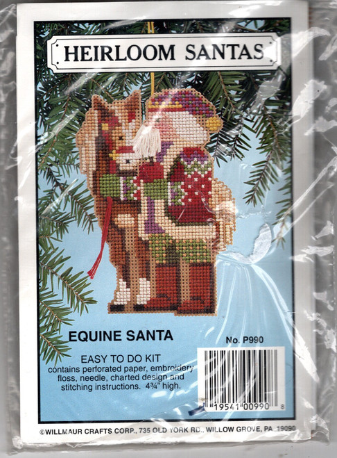 Willmaur HEIRLOOM SANTA Equine Santa counted cross stitch perforated paper kit. Kit includes perforated paper, thread, charted design, accessories and instructions