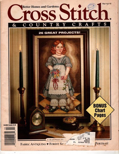 Cross Stitch and Country Crafts Magazine March/April 1992 Cross Stitch Pattern magazine. Pigeon Point Lighthouse, Sunday Best, Antique Sampler, Collector's Series Country Champions Champion Cow, Friends of the Forest Sampler