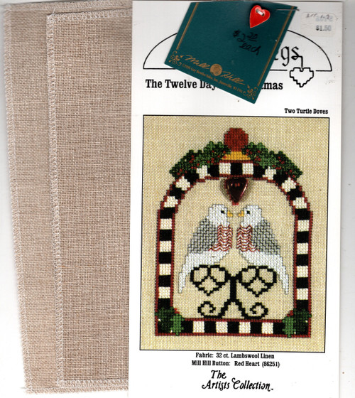 Artists Collection Heartstrings The 12 Days of Christmas Two Turtle Doves Counted cross stitch pattern with button and fabric