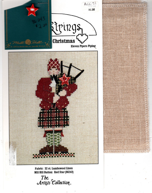 Artists Collection Heartstrings The 12 Days of Christmas Eleven Pipers Piping Counted cross stitch pattern with button and fabric