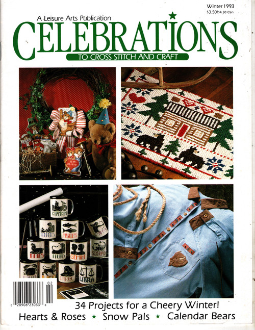 Leisure Arts Celebrations Magazine Winter 1993 cross stitch and craft magazine. 34 projects. American Salute, Composer Bookmark, Marriage Verse, Mr Snowman, Cupid Bears, Lincoln's Day, Beary Good Year, January and February bears, Zodiac Mugs, and more