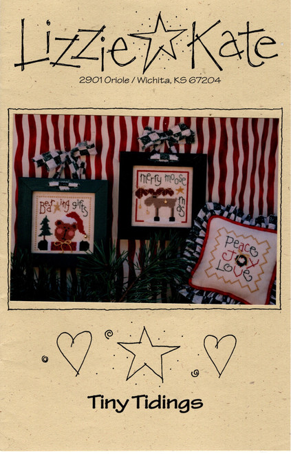 Lizzie Kate Tiny Tidings counted cross stitch pattern. Merry Moose Mas, Bearing Gifts, Peace Joy Love