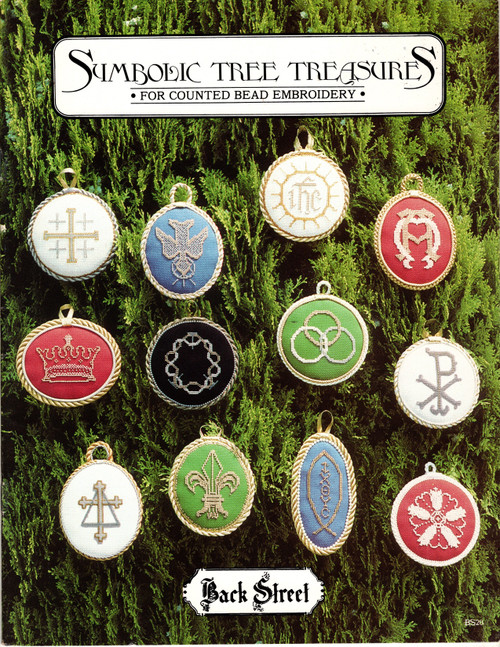 Back Street Symbolic Tree Treasures for Counted Bead Embroidery Counted cross stitch pattern booklet. Crown of Thorns, Fleur De Lys, Descending Dove, Fish, Three Intertwining Circles, Christmas Rose, Chi Rho, Crown, Alpha and Omega, the Cross and the Triangle, The Sun of Righteousness, Jerusalem Cross