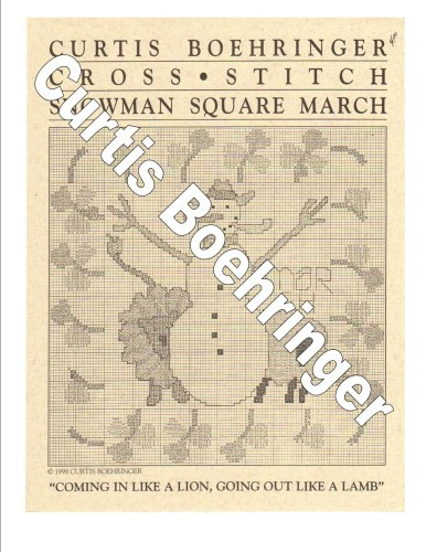 Curtis Boehringer Snowman Square March Counted Cross Stitch Pattern. Coming in Like a Lion Going Out Like a Lamb