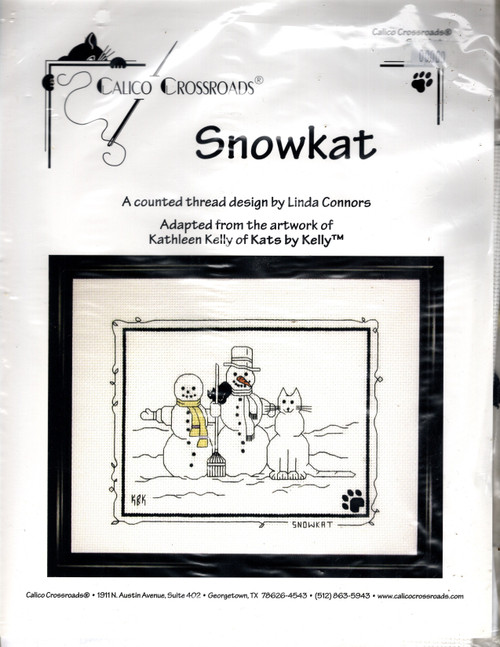 Calico Crossroads Snowkat counted cross stitch kit. Linda Connors. Adapted from artwork by Kathleen Kelly of Kats by Kelly. Kit includes chart, 14 count Aida, threads, needle