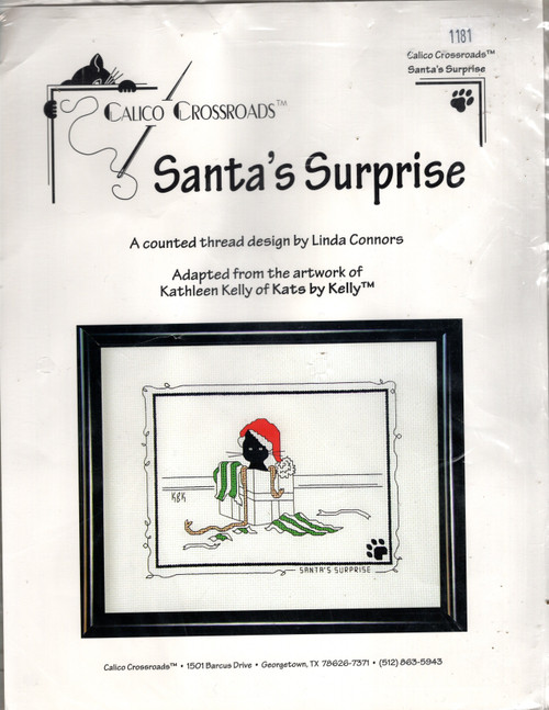 Calico Crossroads Santa's Surprise counted cross stitch kit. Linda Connors. Kit includes chart, 14 count Aida, threads, needle