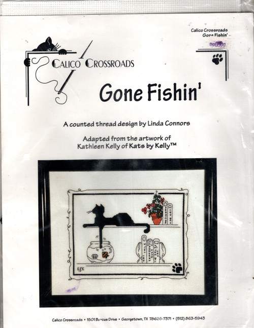 Calico Crossroads Gone Fishin counted cross stitch kit. Linda Connors. Kit includes chart, 14 count Aida, threads, needle