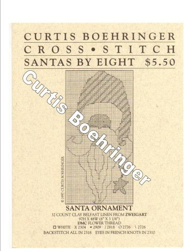 Curtis Boehringer Santas by Eight Counted Cross Stitch Pattern leaflet. Santa Ornament, Santa and Hearts, six more Santas