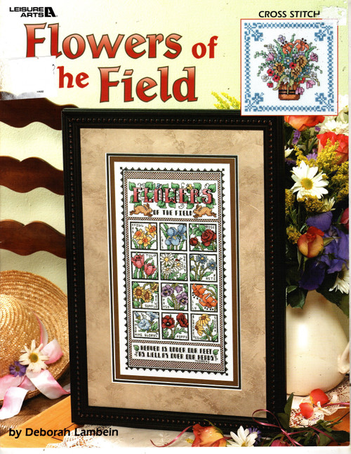 Leisure Arts Flowers of the Field counted Cross Stitch Pattern booklet. Deborah Lambein. Flower Bouquet. Flowers of the Field, Coasters, Breadcloths, Morning Glories, Tulips, Sunflowers, Pansies, Breadcloths