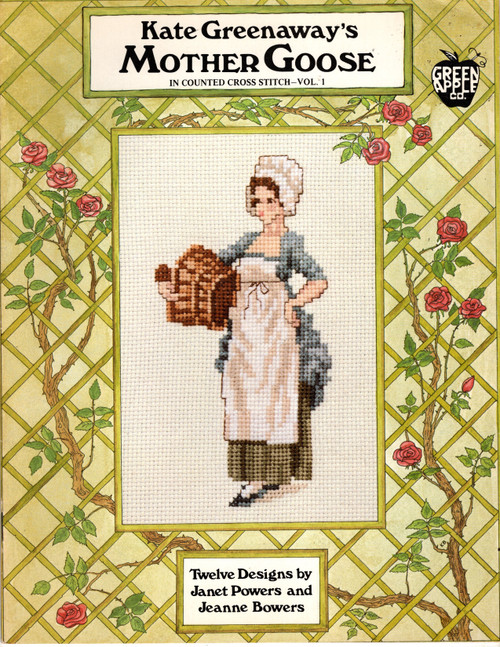 Green Apple Kate Greenaway's Mother Goose Counted Cross Stitch Pattern booklet. Janet Powers and Jeanne Bowers. Little Jack Horner, Lucy Locket, Jack and Jill, Little Bo Peep, Little Tommy Tittlemouse, Willy Boy, Mary Mary, Bonny Lass, See Saw, Miss Muffet, Pippin Hill, Little Maid