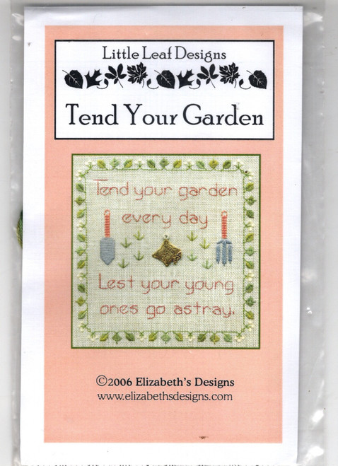 Elizabeth's Designs Little Leaf Designs Tend Your Garden Counted Cross Stitch Pattern chartpack with charms and threads. Stitch count 74 x 74. Includes Weeks Dye Works Floss and Antique Gold Seeds charm