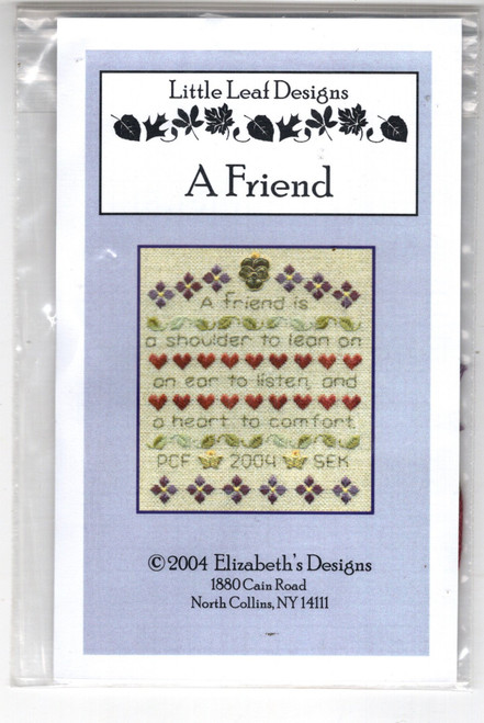 Elizabeth's Designs Little Leaf Designs A Friend Counted Cross Stitch Pattern chartpack with charms and threads. Stitch count 53 x 83. Includes Weeks Dye Works Floss and Antique Gold Pansy and Butterflies charms