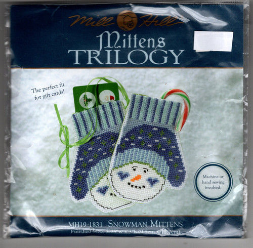 Mill Hill Snowman Mittens Counted Cross Stitch Kit. Mittens Trilogy 2018. The kit contains Beads, Mill Hill 11 count Aida, floss, needles, and chart