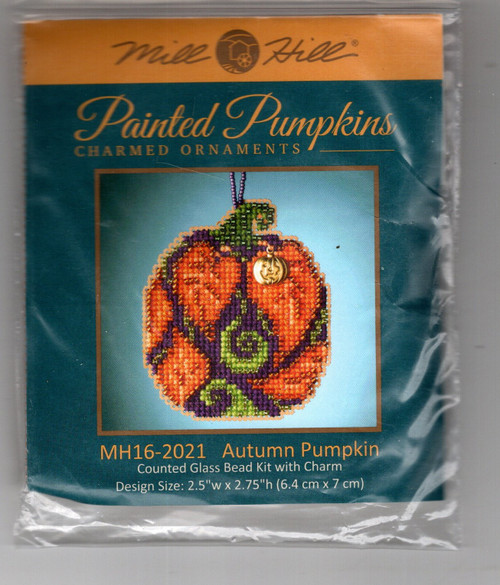 Mill Hill Autumn Pumpkin Counted Cross Stitch Kit. Painted Pumpkins Charmed Ornaments, 2020. The kit contains Beads, charm, perforated paper, floss, needles, chart and instructions