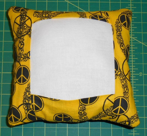 Small Tuck Pillow Yellow with black Peace signs cotton fabric