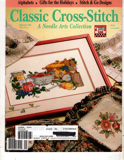 Classic Cross Stitch Magazine September 1991 Counted Cross Stitch Pattern magazine. Herrschners. Northwest Series Eagle at Sunset Ursula Michael, Balmoral Tea Room, Harvest Borders Nancy Spruance, Victorian Apron, Summer Canning, Bless This House, Christmas Gnomes, Jaunty Elf, Trick or Treat Bag