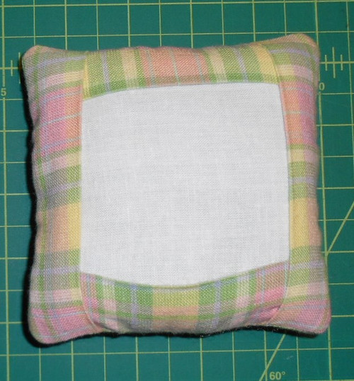 Tiny Tuck Pillow Green, Yellow, Pink Plaid Homespun.  Cute little fabric pillows to "frame" your needlework