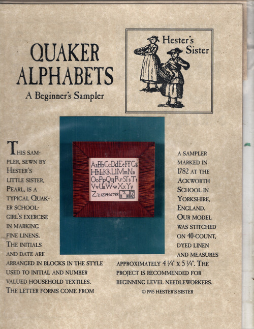 The Scarlet Letter Quaker Alphabets A Beginner's Sampler counted cross stitch kit. Hester's Sister. Kit includes linen, DMC floss, graph, instructions, needle