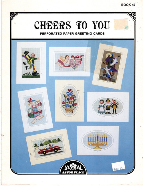 Astor Place Cheers To You Perforated Paper Greeting Card Designs counted Cross Stitch Pattern leaflet. Easter Hoppening, Bouquet for Mom, Pilgrim Pageant, Cupid Valentine, Dynamic Dad, Ghostly Night, Happy Hanukkah, Lucky Leprechaun0