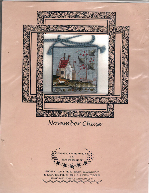 Forget-Me-Nots in Stitches November Chase Counted Cross Stitch Pattern kit. Lauren Sauer.  Kit includes fabric, threads, charm, charts and instructions