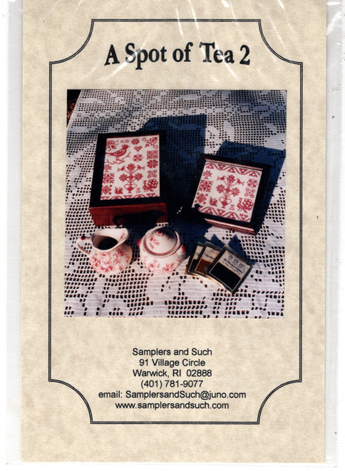 Samplers and Such Spot of Tea 2 Tin Topper counted cross stitch pattern chartpack. Rebecca Dorrie. Box, Trivet