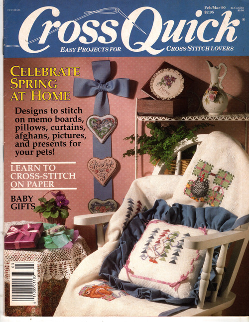 Cross Quick Magazine February/March 1990 cross stitch magazine. A Year in Flowers, Bone Appetit, Country harvest, Country Kitchen, Shamrocks, Salt Glaze Heart, Pomegranate, ABC Heart, Youth and Age, Hen and Chicks, Goose Tracks, Santa and Reindeer, Clematis Bookmark, Lacy Heart, Forget Me Not Heart, Tender Vine and Shaded Heart