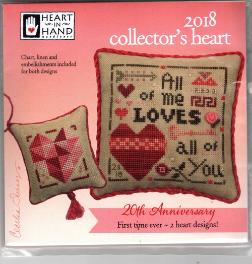 Heart in Hand 2018 Collector's Heart counted cross stitch pattern kit. Cecilia Turner. Kit includes Linen and embellishment pack