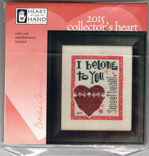 Heart in Hand 2015 Collector's Heart counted cross stitch pattern kit. Cecilia Turner. Kit includes Linen and embellishment pack