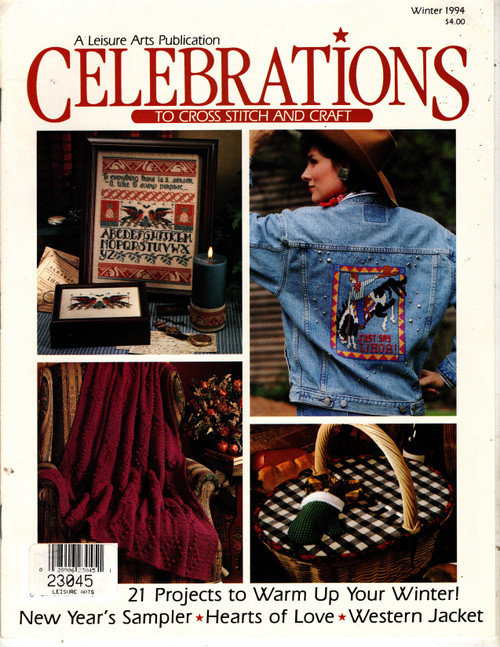 Leisure Arts Celebrations Magazine Winter 1994 cross stitch and craft magazine. 21 projects. Victorian Valentine Frame, Janubear, Heart Pillow, Look Toward the Sun Linda Gillum, New Year's Sampler, Sentimental Sachets, Just Say Whoa, Ski Mike Vickery