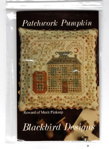 Blackbird Designs Patchwork Pumpkin Reward of Merit Pinkeep counted Cross Stitch Pattern chart. Barb Adams